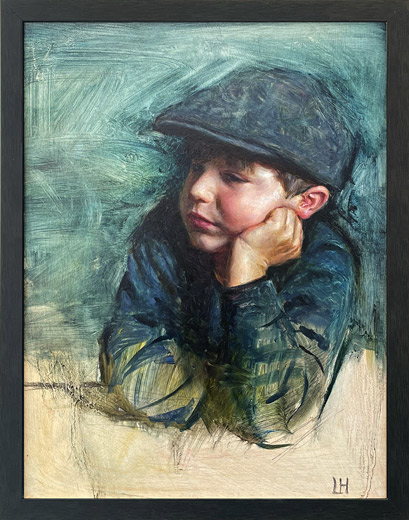 Luke Hollis NZ portrait art, Little Thinker, Oil on Board, Framed